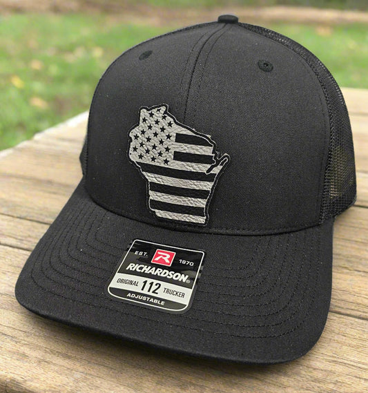 Richardson 112 Silver Wisconsin American Flag Trucker Hat - Woelfel Custom Designs