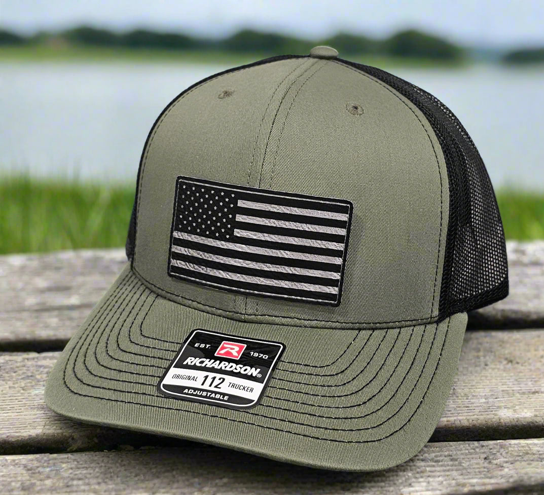 Richardson 112 Black and Silver American Flag Trucker Hat - Woelfel Custom Designs