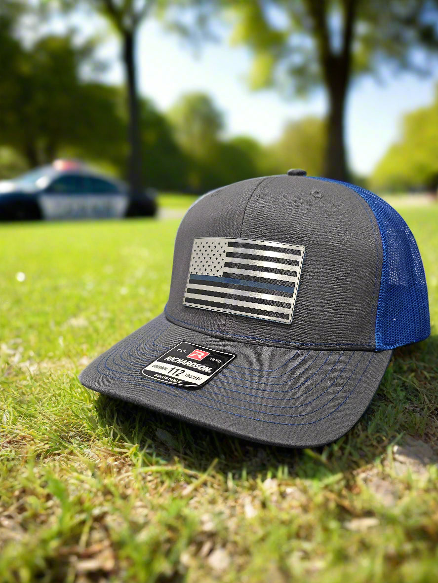 Richardson 112 Blue Line American Flag Trucker Hat - Woelfel Custom Designs