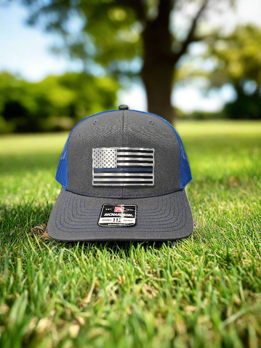 Richardson 112 Blue Line American Flag Trucker Hat - Woelfel Custom Designs