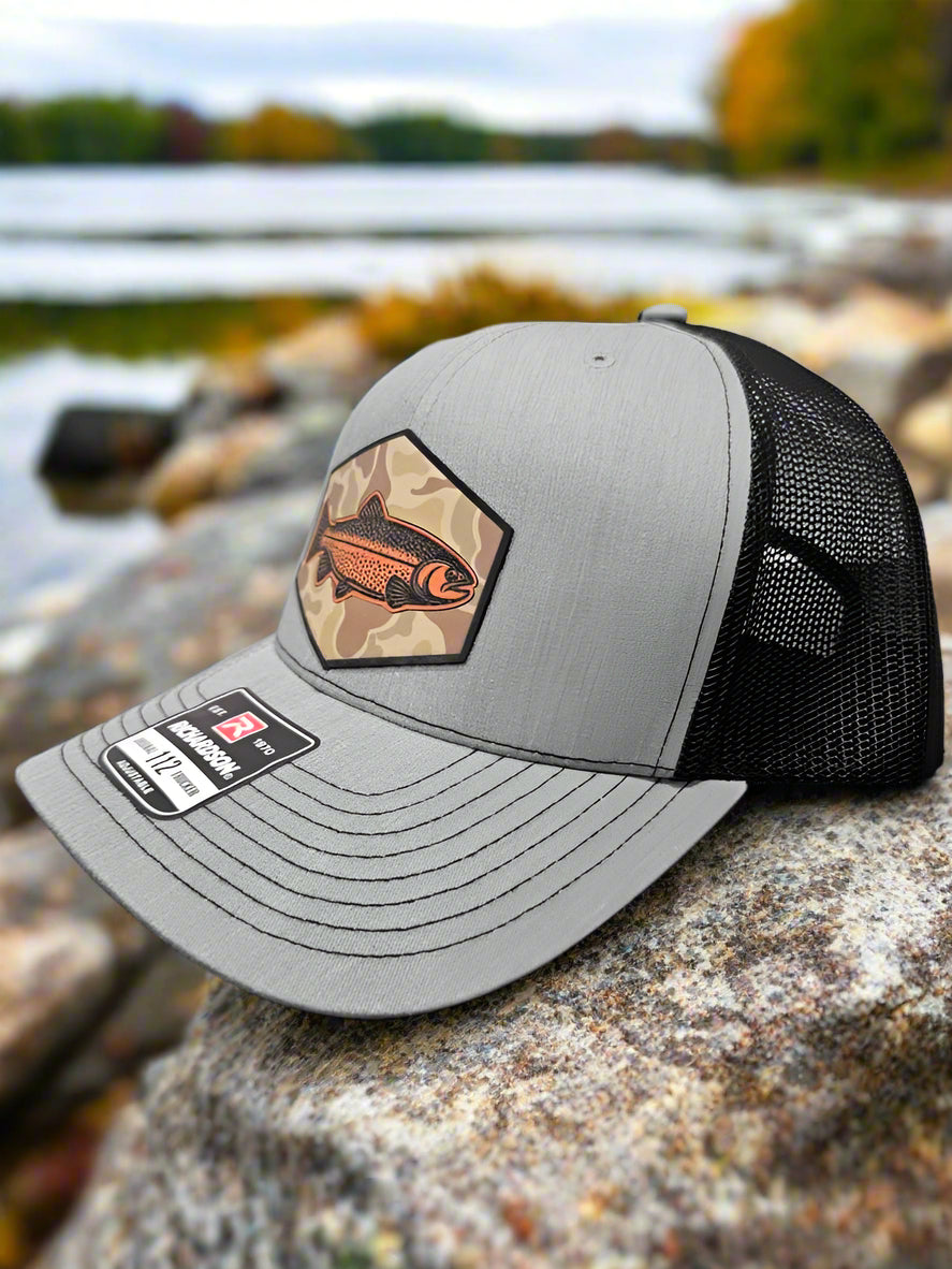 Richardson 112 Rainbow Camo Pattern Steelhead/Trout Fishing Trucker Hat - Woelfel Custom Designs