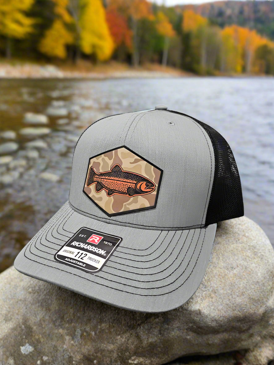 Richardson 112 Rainbow Camo Pattern Steelhead/Trout Fishing Trucker Hat - Woelfel Custom Designs