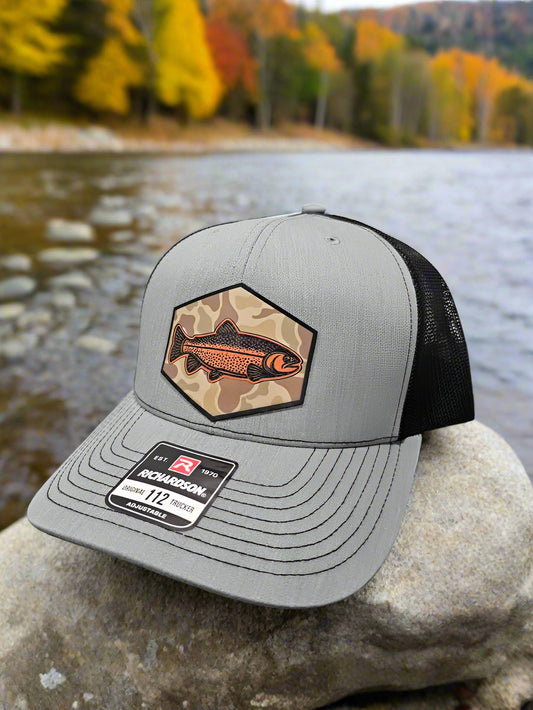 Richardson 112 Rainbow Camo Pattern Steelhead/Trout Fishing Trucker Hat - Woelfel Custom Designs