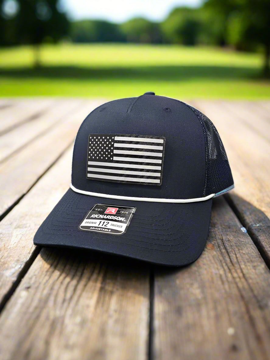 Richardson 112 Black Carbon Fiber Patch American Flag Trucker Hat - Woelfel Custom Designs