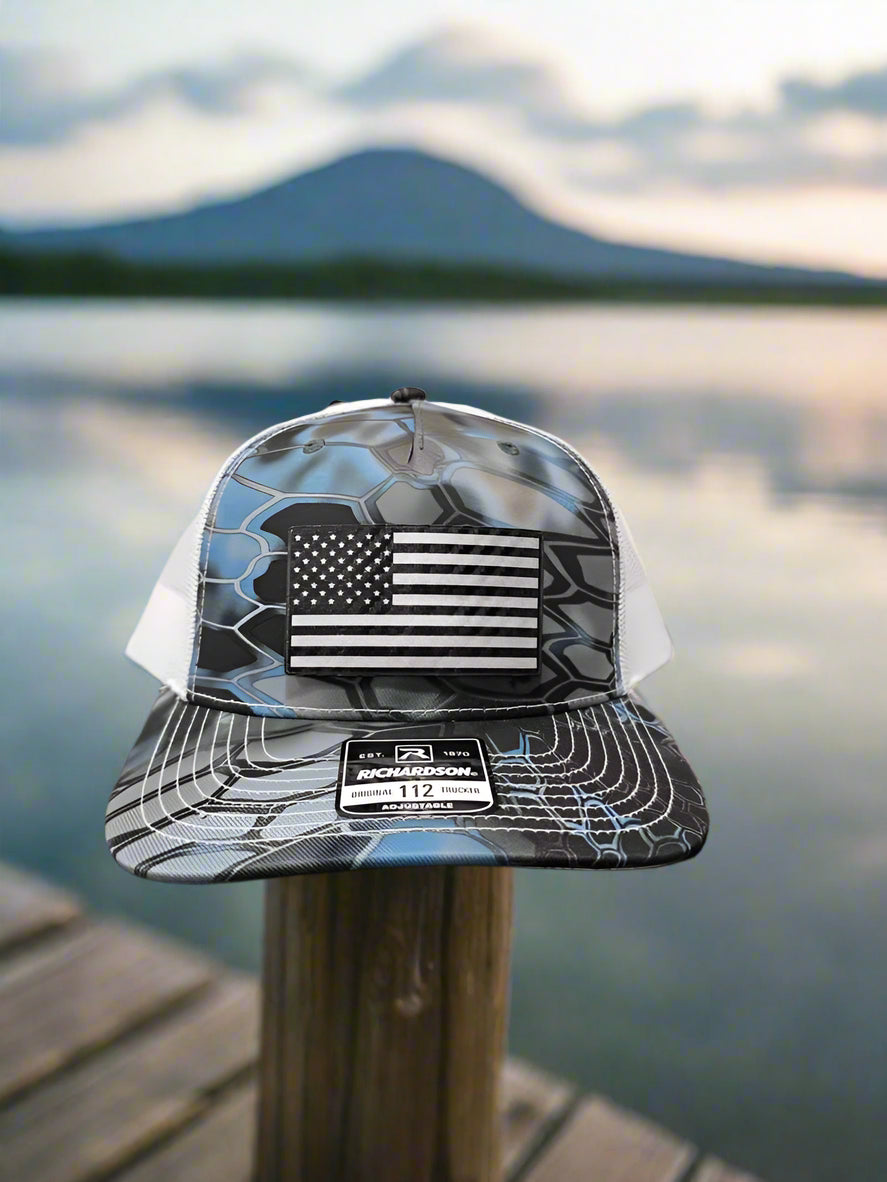 Richardson 112 Black Carbon Fiber Patch American Flag Trucker Hat - Woelfel Custom Designs