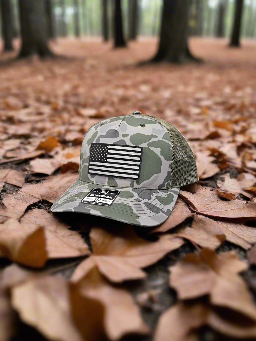 Richardson 112 Black Carbon Fiber Patch American Flag Trucker Hat - Woelfel Custom Designs