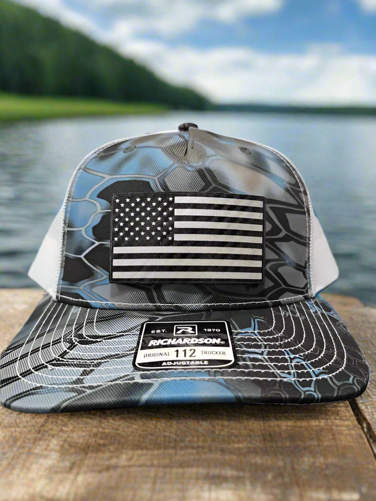 Richardson 112 Black Carbon Fiber Patch American Flag Trucker Hat - Woelfel Custom Designs