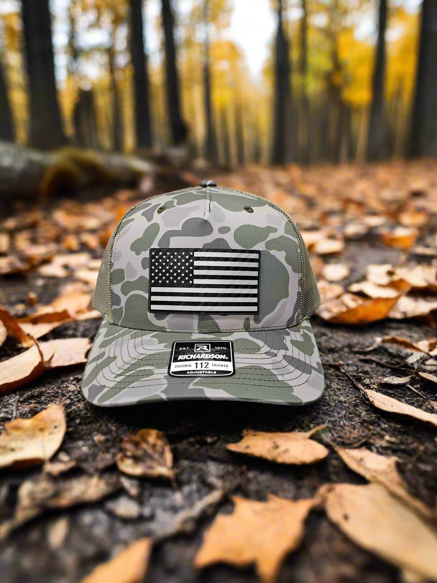Richardson 112 Black Carbon Fiber Patch American Flag Trucker Hat - Woelfel Custom Designs