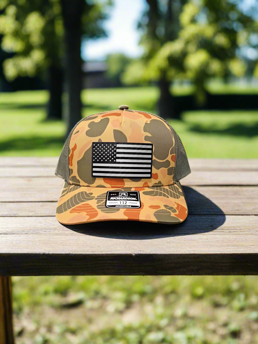 Richardson 112 Black Carbon Fiber Patch American Flag Trucker Hat - Woelfel Custom Designs