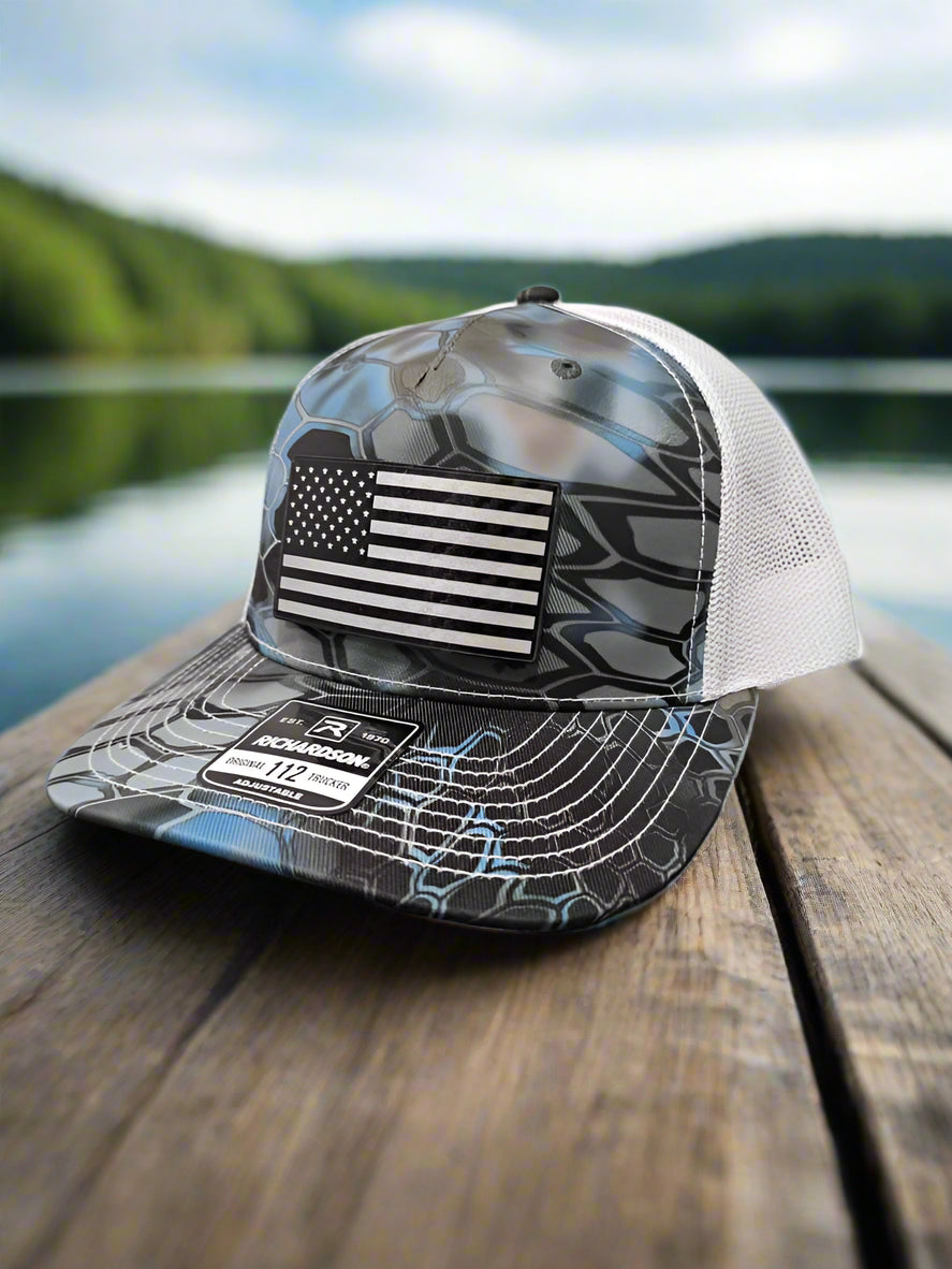 Richardson 112 Black Carbon Fiber Patch American Flag Trucker Hat - Woelfel Custom Designs