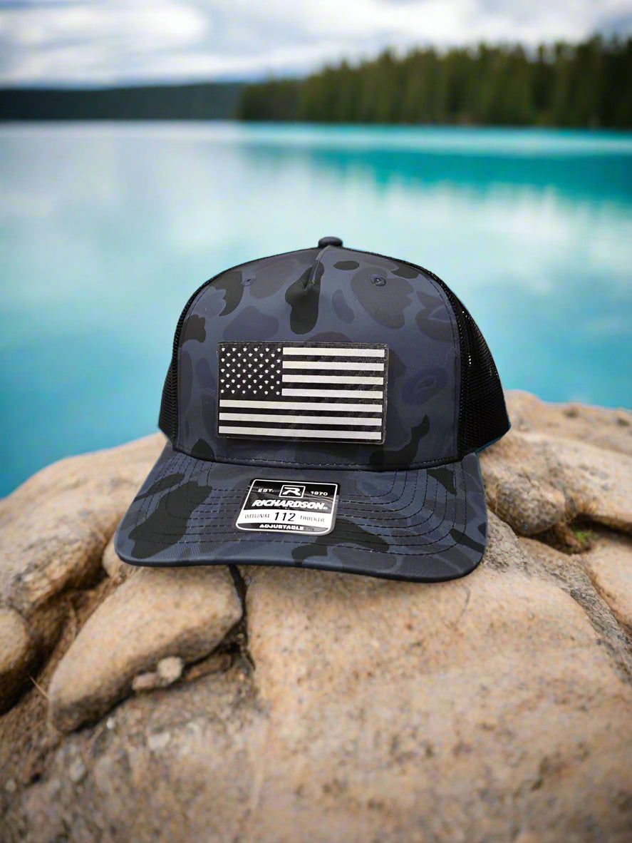 Richardson 112 Black Carbon Fiber Patch American Flag Trucker Hat - Woelfel Custom Designs