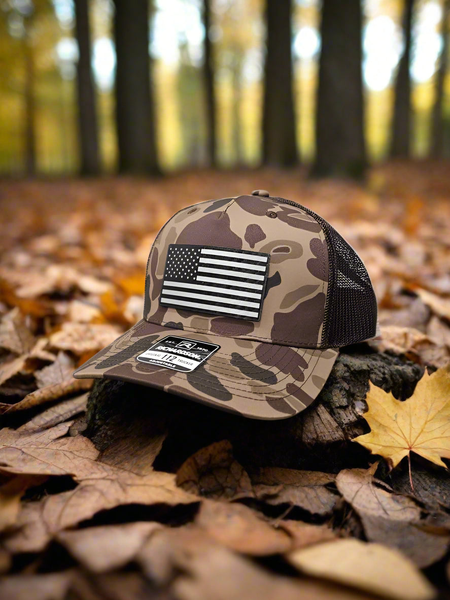 Richardson 112 Black Carbon Fiber Patch American Flag Trucker Hat - Woelfel Custom Designs