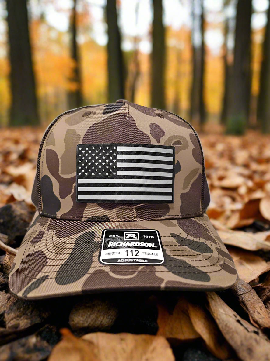 Richardson 112 Black Carbon Fiber Patch American Flag Trucker Hat - Woelfel Custom Designs