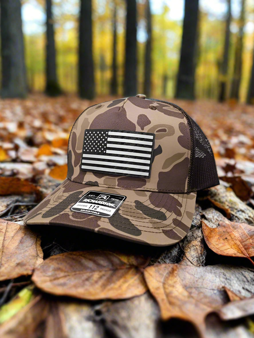 Richardson 112 Black Carbon Fiber Patch American Flag Trucker Hat - Woelfel Custom Designs