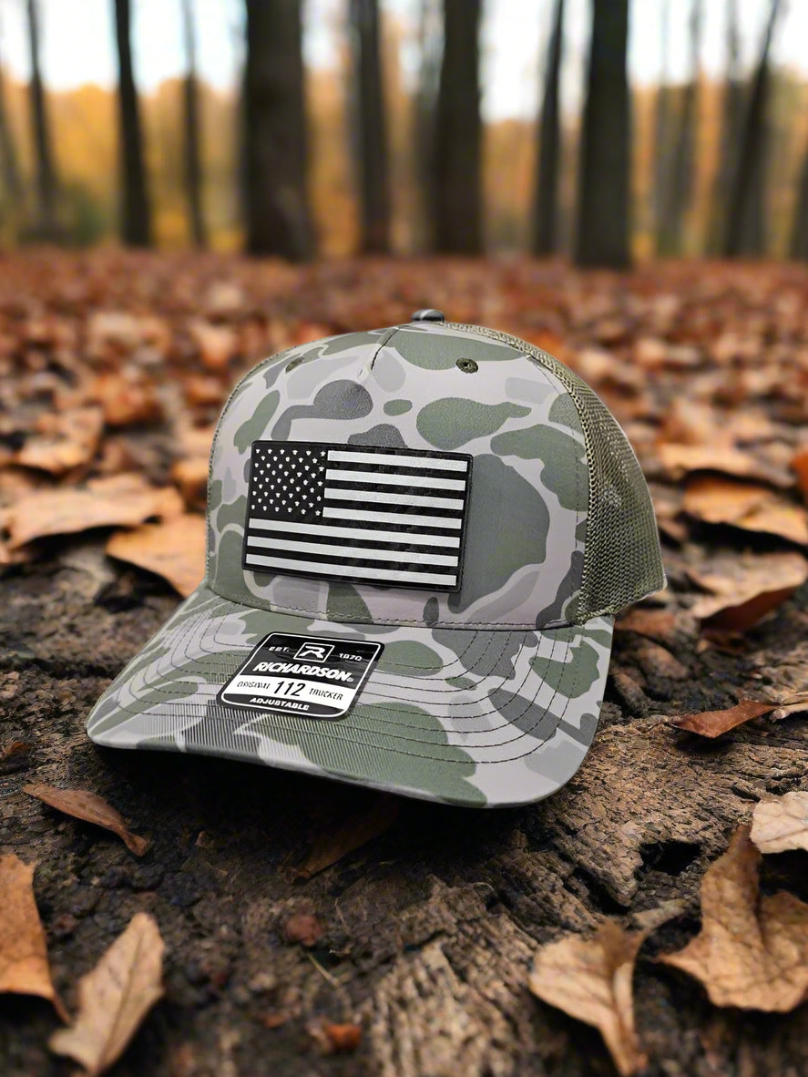 Richardson 112 Black Carbon Fiber Patch American Flag Trucker Hat - Woelfel Custom Designs