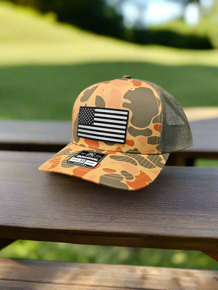 Richardson 112 Black Carbon Fiber Patch American Flag Trucker Hat - Woelfel Custom Designs