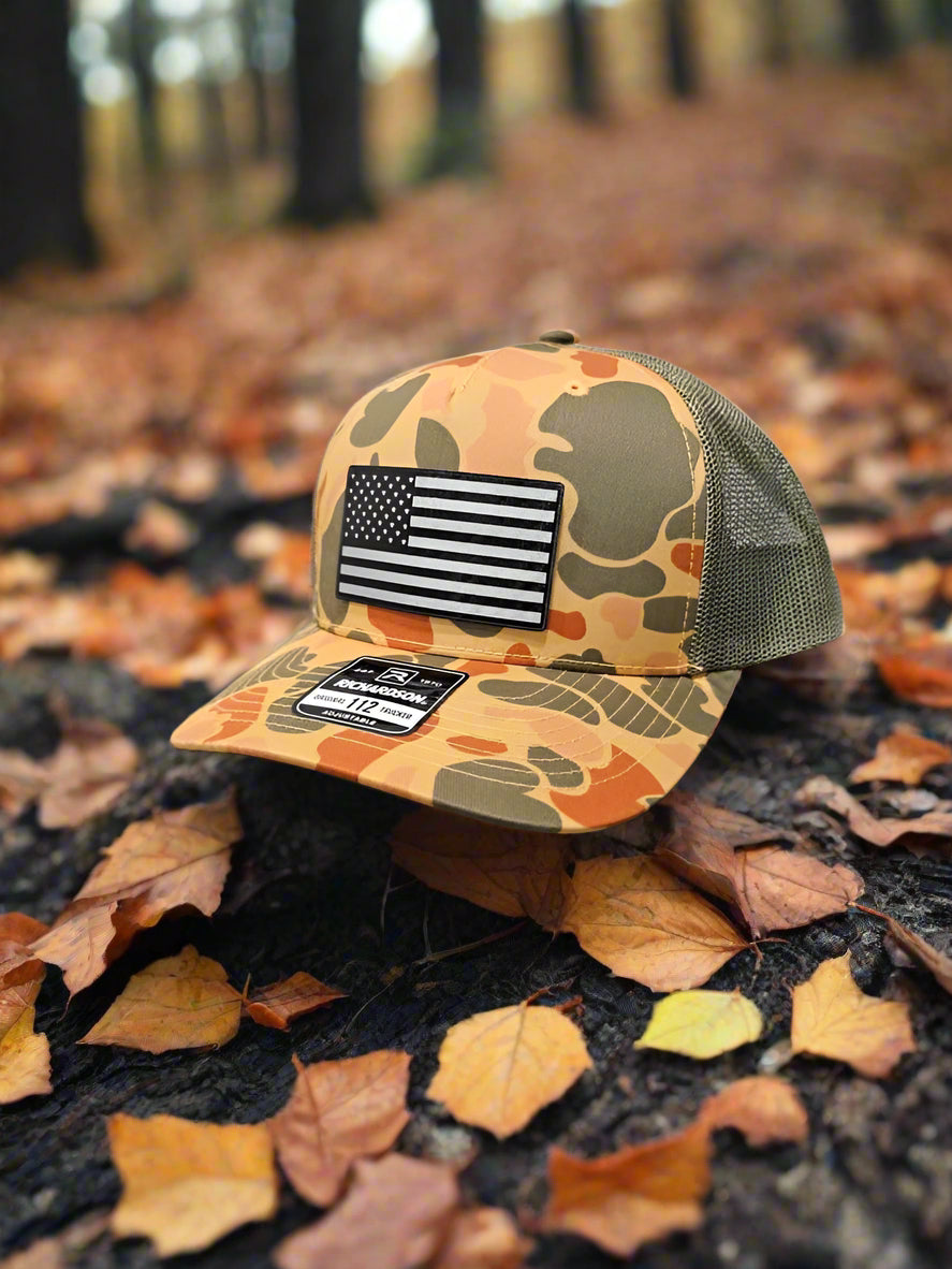 Richardson 112 Black Carbon Fiber Patch American Flag Trucker Hat - Woelfel Custom Designs