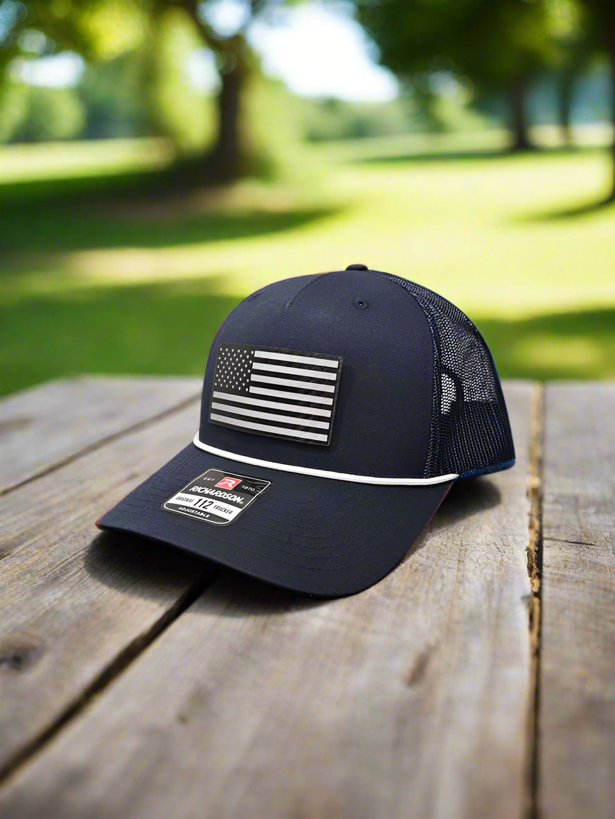 Richardson 112 Black Carbon Fiber Patch American Flag Trucker Hat - Woelfel Custom Designs