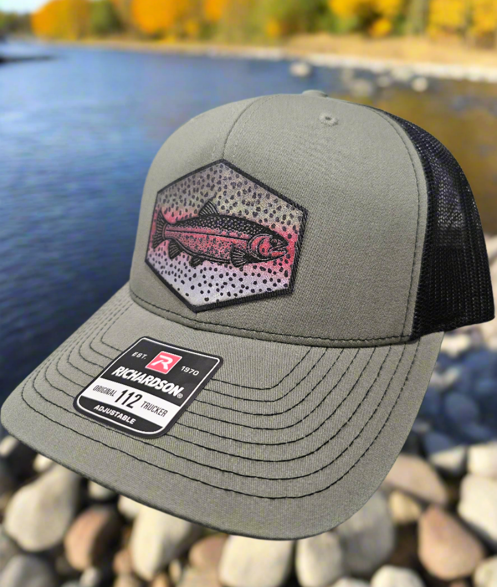 Richardson 112 Rainbow Trout Scales Fishing Trucker Hat - Woelfel Custom Designs