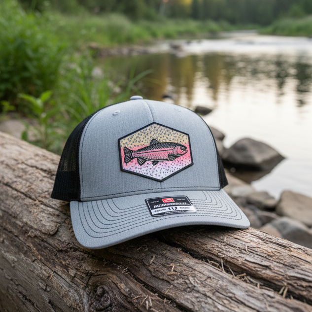 Gray trucker cap with a fish emblem on a gray background