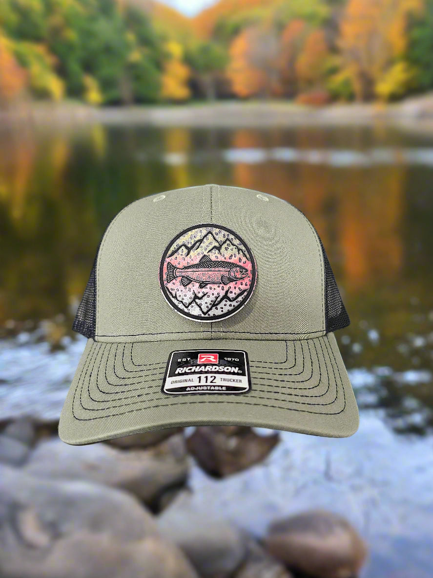 Richardson 112 Rainbow Trout/Mountains Fishing Trucker Hat - Woelfel Custom Designs