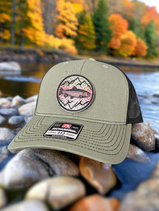 Richardson 112 Rainbow Trout/Mountains Fishing Trucker Hat - Woelfel Custom Designs